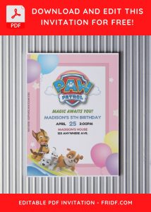 (Free Editable PDF) Puppy Power PAW Patrol Birthday Invitation Templates with pink balloons