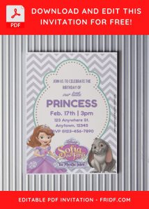(Free Editable PDF) Adorable Sofia The First Tales Birthday Invitation Templates with pink text