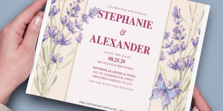 (Free Editable PDF) Blossoming Lavender Wedding Invitation Templates D