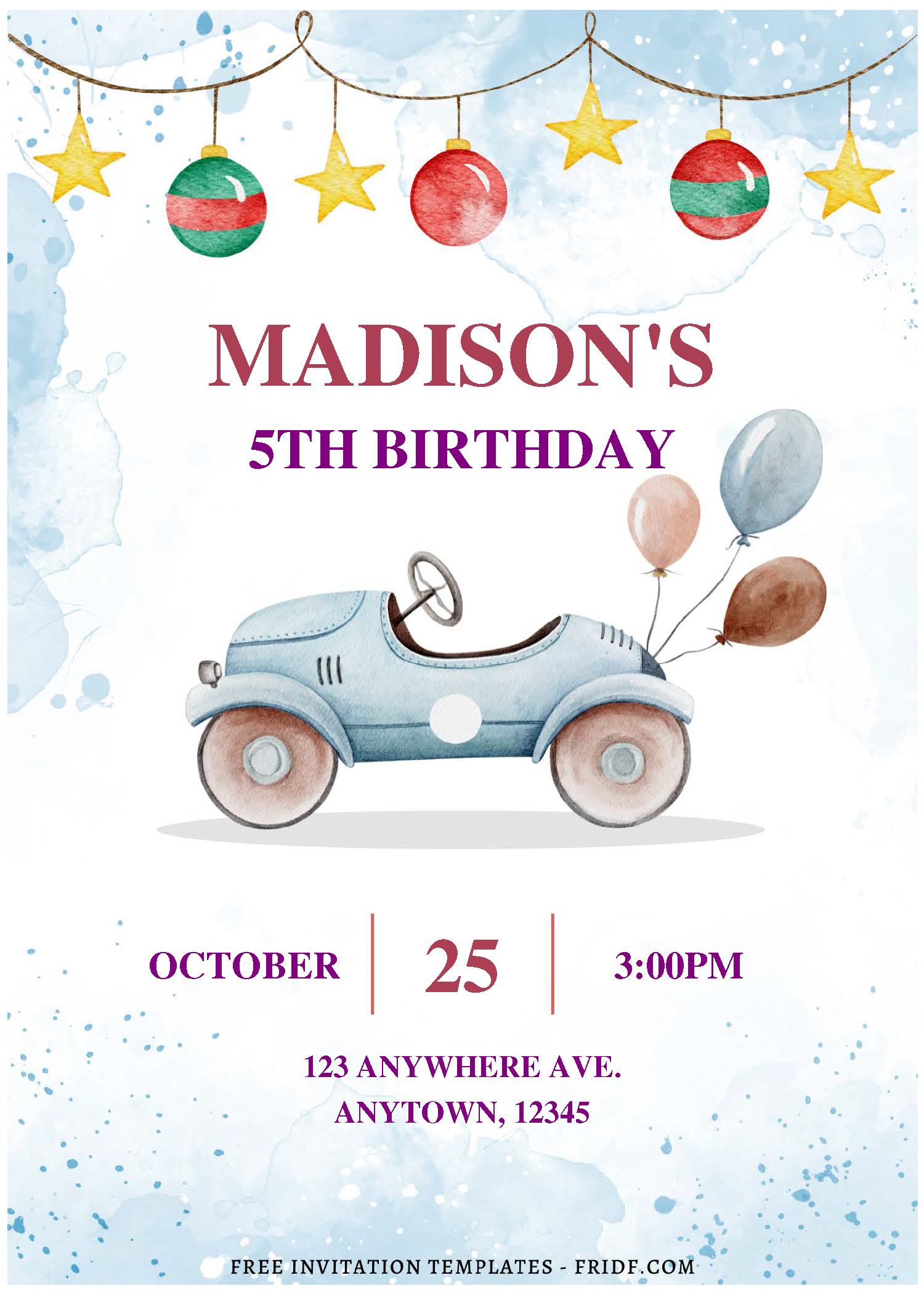 (Free Editable PDF) Watercolor Car And Balloon Birthday Invitation