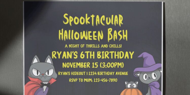 (Free Editable PDF) PURR-FECTLY Cute Halloween Birthday Invitation Templates F