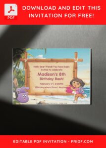 (Free Editable PDF) Beach Party With Dora & Friends Birthday Invitation Templates F