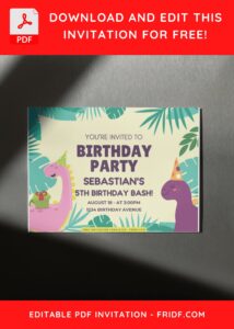 (Free Editable PDF) Colorful Greenery Dinosaur Birthday Invitation Templates F