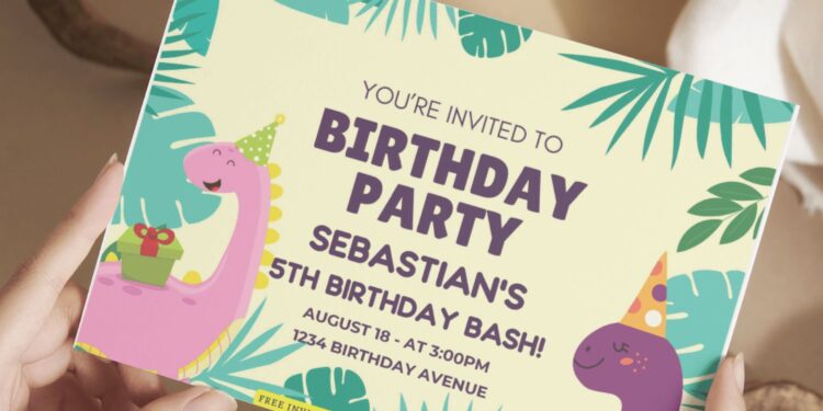 (Free Editable PDF) Colorful Greenery Dinosaur Birthday Invitation Templates G
