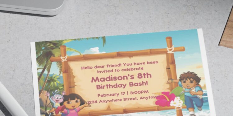 (Free Editable PDF) Beach Party With Dora & Friends Birthday Invitation Templates H