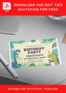 (Free Editable PDF) Colorful Greenery Dinosaur Birthday Invitation Templates H