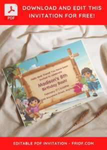 (Free Editable PDF) Beach Party With Dora & Friends Birthday Invitation Templates I