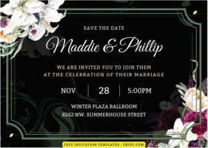 (Free Editable PDF) Classy Black Marble & Floral Wedding Invitation Templates D
