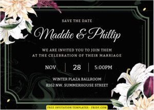 (Free Editable PDF) Classy Black Marble & Floral Wedding Invitation Templates E