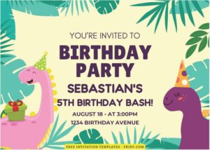 (Free Editable PDF) Colorful Greenery Dinosaur Birthday Invitation Templates A