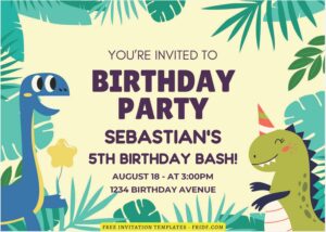 (Free Editable PDF) Colorful Greenery Dinosaur Birthday Invitation Templates B