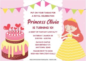 (Free Editable PDF) Cute Royal Princess Birthday Invitation Templates D