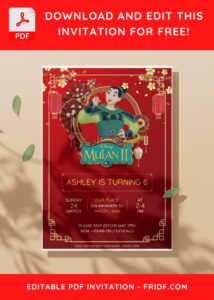 (Free Editable PDF) Enchanting Disney Mulan Birthday Invitation Templates C