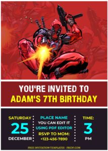 (Free Editable PDF) Super Cool Deadpool Birthday Invitation Templates E