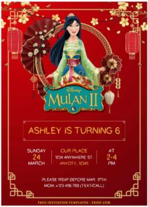 (Free Editable PDF) Enchanting Disney Mulan Birthday Invitation Templates D