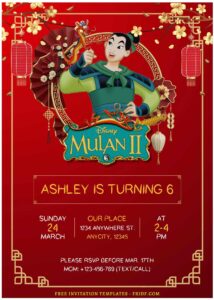 (Free Editable PDF) Enchanting Disney Mulan Birthday Invitation Templates F