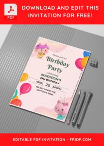 (Free Editable PDF) Cheerful Gabby Dollhouse Kids Birthday Invitation Templates G