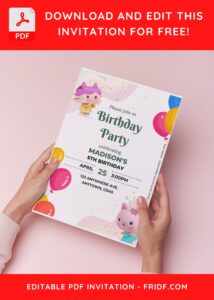 (Free Editable PDF) Cheerful Gabby Dollhouse Kids Birthday Invitation Templates H
