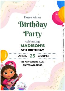 (Free Editable PDF) Cheerful Gabby Dollhouse Kids Birthday Invitation Templates D