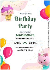 (Free Editable PDF) Cheerful Gabby Dollhouse Kids Birthday Invitation Templates E