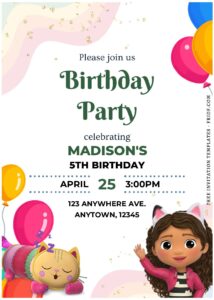 (Free Editable PDF) Cheerful Gabby Dollhouse Kids Birthday Invitation Templates F