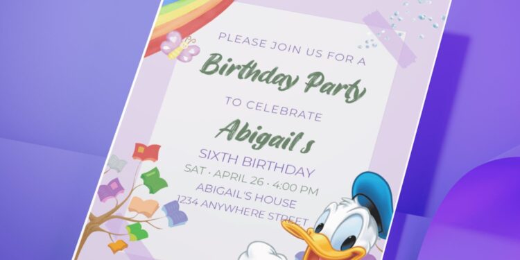 (Easily Edit PDF Invitation) Rainbow Donald Duck Birthday Invitation