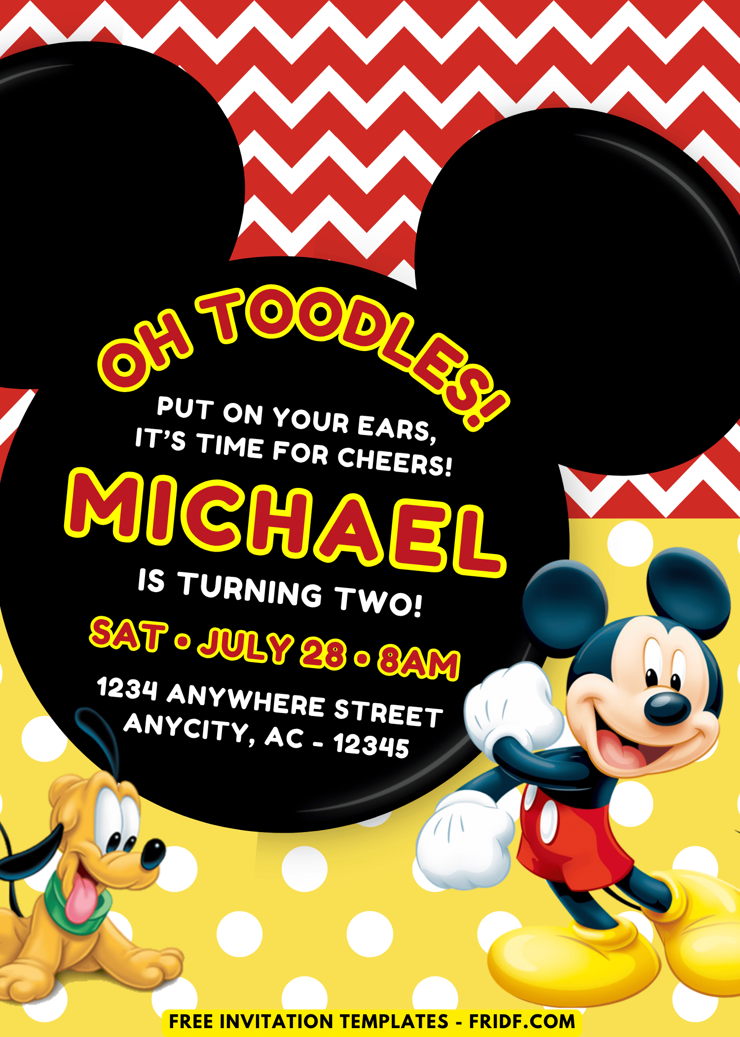 Pluto And Mickey Mouse Birthday Invitation with Chevron and Polka Dot Pattern and Red and Yellow Background