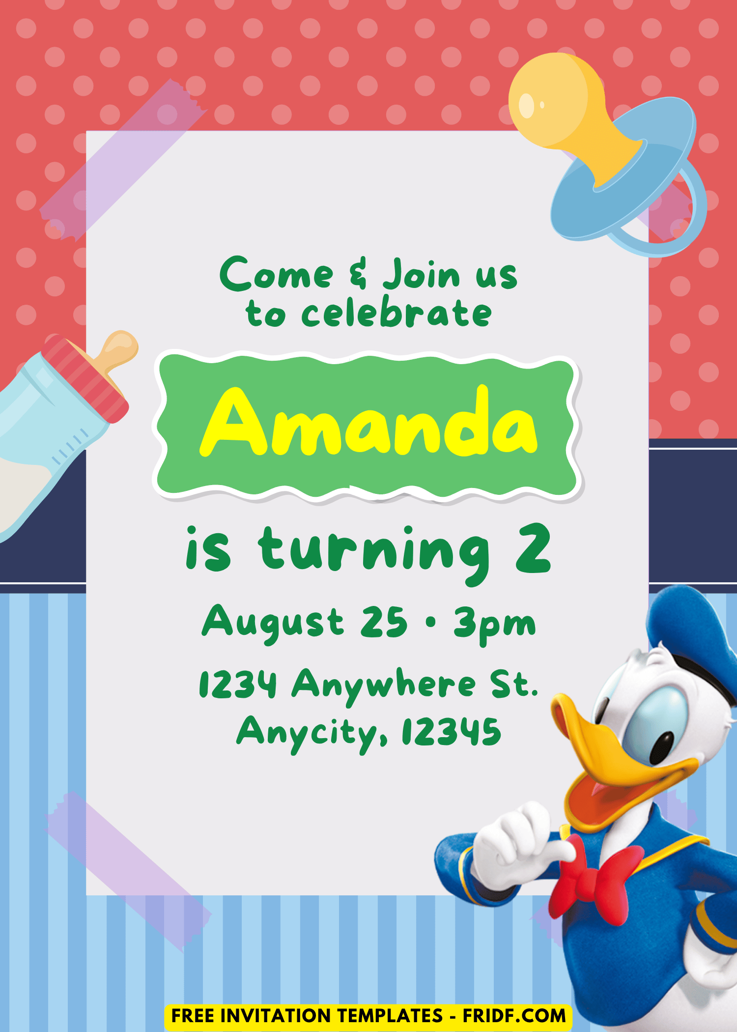 Pink Polka Dot Donald Duck Birthday Invitation