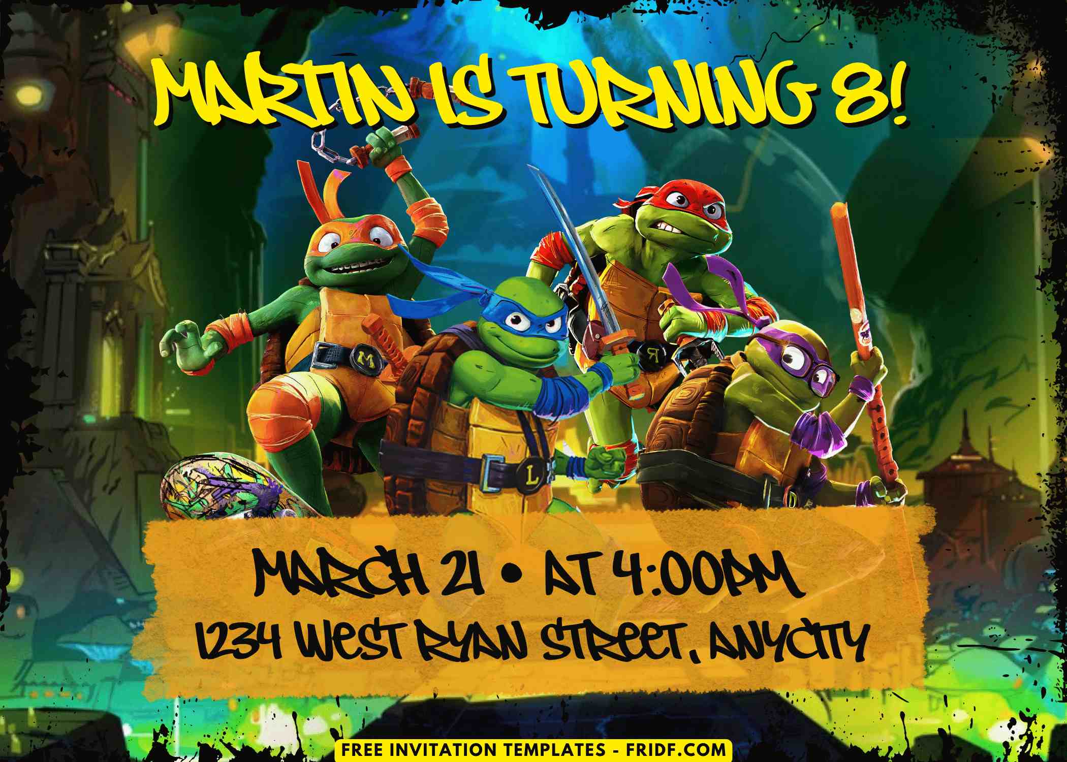 Leonardo Raphael Michael Angelo and Donatello Ninja Turtles Birthday Invitation
