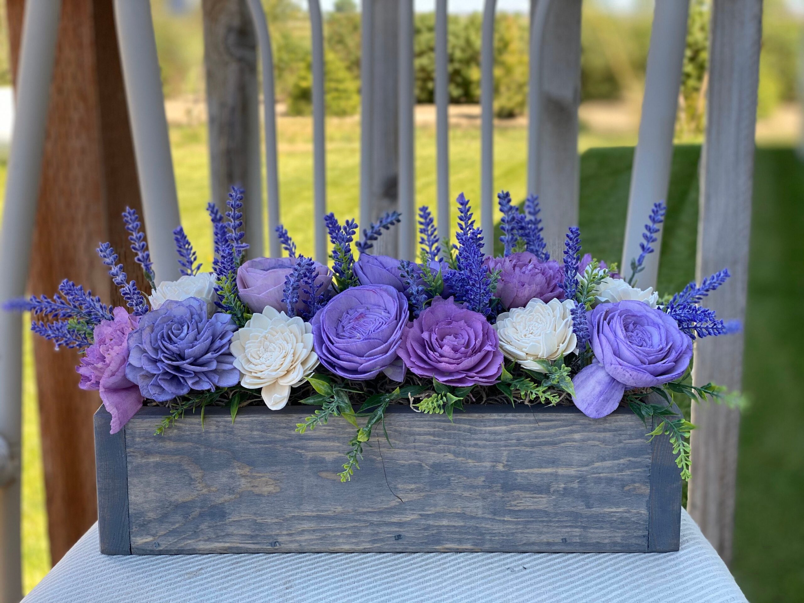 Gorgeous Purple Flower Wedding Centerpiece in wooden box