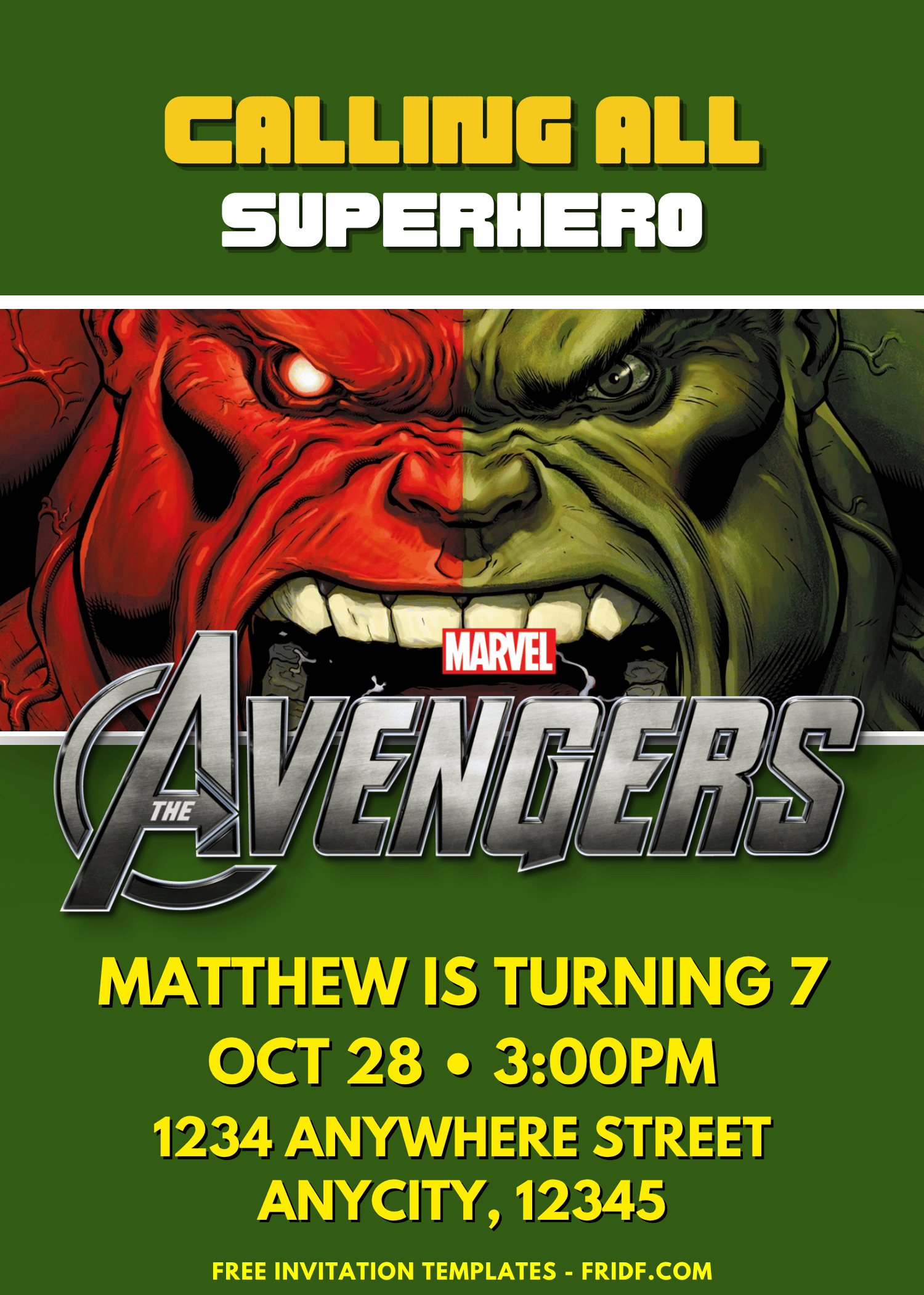 Marvel Avengers Green Hulk Birthday Invitation