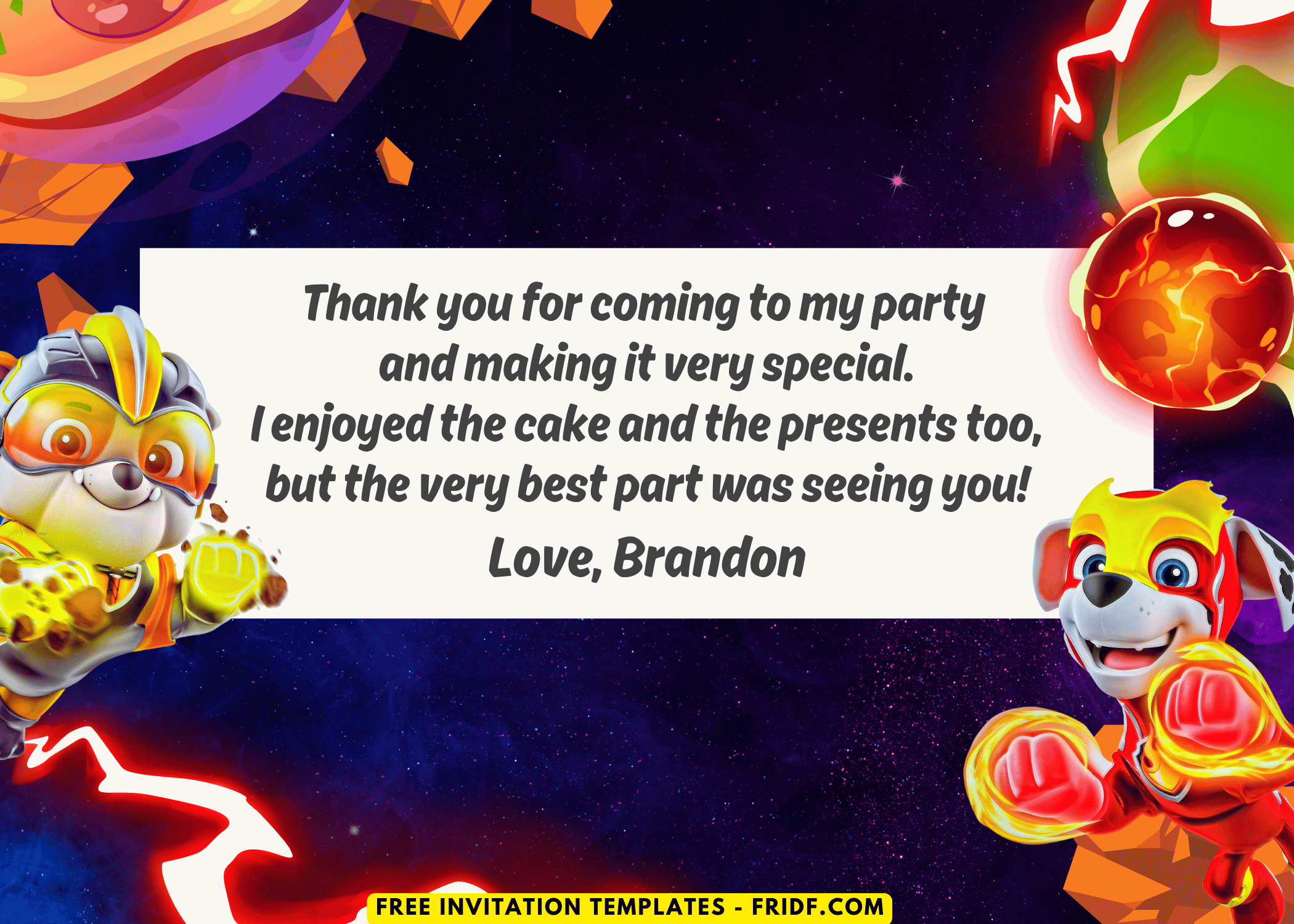 PAW Patrol Marshall and Rubble Birthday Party Thank You Card